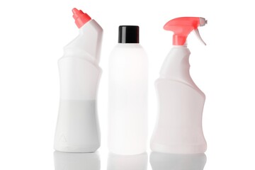 Sanitizer bottle. Empty clear plastic pump container set for antiseptic gel, cosmetic soap and mineral shampoo isolated on white. Water cap blank spray on transparent background.