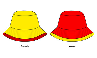 Reversible Bucket Hat with Yellow-Red Template on White Background, Vector File.
