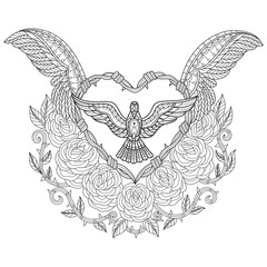 White pigeon with love. Hand drawn sketch illustration for adult coloring book