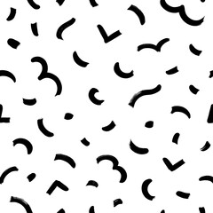 Geometric vector seamless pattern in Memphis style. Grunge rough brushstrokes, wavy lines, dashes, triangles. Hand drawn black ink illustration. Hipster black paint geometric background.