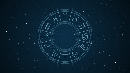 Neon glow astrological horoscope in space with stars wallpaper. Prediction of the future zodiac background. - obrazy, fototapety, plakaty