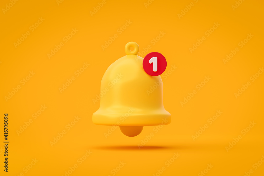 Poster notification message bell icon alert and alarm on yellow background with smartphone reminder. 3d ren