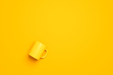 Top view of yellow coffee cup or empty mug for drink on vivid color background with blank ceramic porcelain mockup template. 3D rendering.