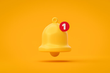 Notification message bell icon alert and alarm on yellow background with smartphone reminder. 3D rendering. - obrazy, fototapety, plakaty