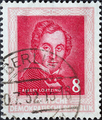 GERMANY, DDR - CIRCA 1952 : a postage stamp from Germany, GDR showing a portrait of the composer Albert Lortzing. To the Handel Festival, Halle (Saale)