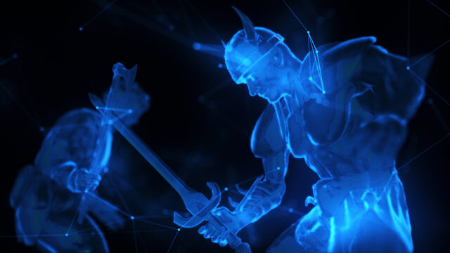 3d rendered illustration Digital Warrior Barbar Fights Green Digital Cyber Space. High quality 3d illustration