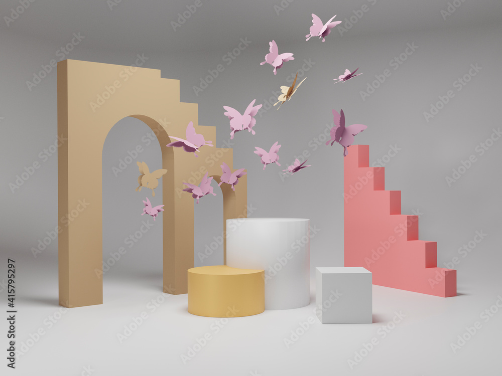 Poster abstract background, mock-up scene with podium for product display. 3d rendering.