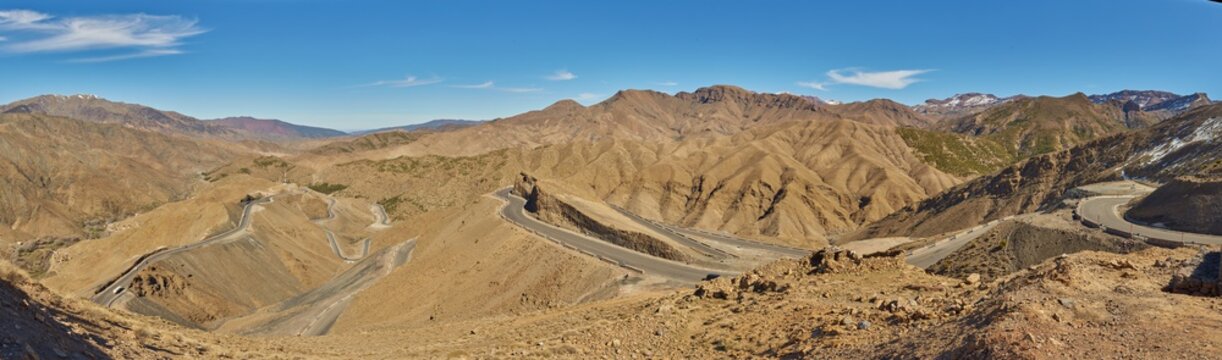 Atlas mountain range from Morocco. Road serpentine in the mountains, panoramic photo.