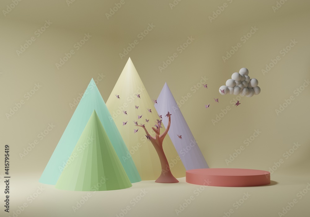 Poster abstract background, mock-up scene with podium for product display. 3d rendering.