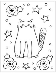 Doodle coloring page with funny cat, stars and roses. Hand drawn cartoon character. Outline vector illustration.