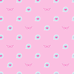Happy valentines day greeting seamless pattern with heart - shaped glasses and talking bubble on pink background. Vector illustration.