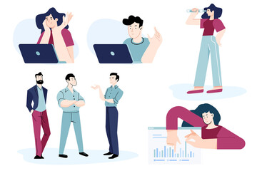 Set of flat design people concepts for business, technology, online communication, meeting. Vector illustrations for graphic and web design, business presentation, marketing material. 