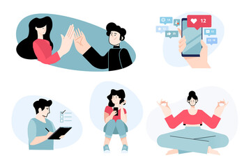 Set of flat design people concepts for communication, social media, daily activities. Vector illustrations for graphic and web design, business presentation, marketing material.
