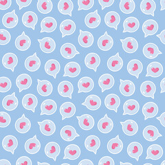 Happy valentines day greeting seamless pattern with talking bubble and hearts on green background. Vector illustration.