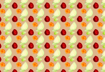 Vegetable diet pattern tk of different sliced vegetables on a beige background.