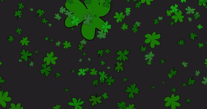 Abstract video overlay with falling clover in cartoon or comic style. Backdrop with a transparent background on the theme of st patrick's day. An infinitely looping pattern.