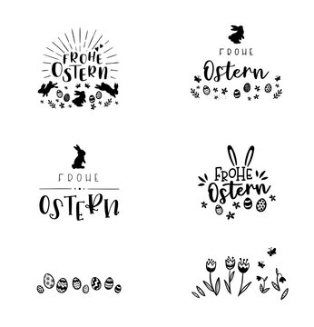 Collection of lovely hand drawn easter designs with text in german "Happy Easter" cute hand drawn bunnies, eggs and decoration - vector design