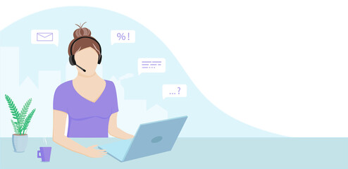 Fototapeta na wymiar Concept illustration for support, client assistance, call center, customer service. Woman with headphones and microphone with laptop, made in vector. Vector illustration in flat style
