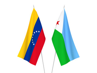 National fabric flags of Republic of Djibouti and Venezuela isolated on white background. 3d rendering illustration.