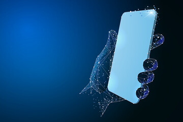 Man's hand holding the smartphone. Abstract polygonal wireframe closeup mobile phone with blank white empty screen. Communication app smartphone concept. Isolated on blue background.