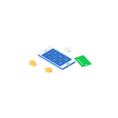 Isometric online payment mobile application. Vector illustration of banknotes golden silver coins with phone, interface button isolated on white background. Flat design smartphone commerce app concept