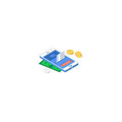 Isometric electronic commerce network application. Vector illustration of banknotes card golden silver coins with phone interface button isolated on white background. Flat design payment app concept