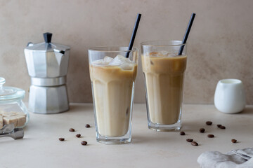Ice coffee with cream. Cold drinks. Vegetarian food. Healthy eating.
