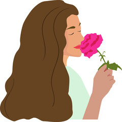 woman with rose,Pretty woman holds a flower in her hand. Spring holiday vector illustration in simple scandinavian style. Hand drawn cartoon romantic girl in hot pink dress. International Women's Day.