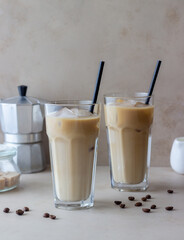 Ice coffee with cream. Cold drinks. Vegetarian food. Healthy eating.