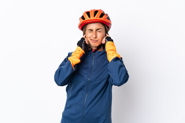 Young hispanic cyclist woman isolated on white background frustrated and covering ears