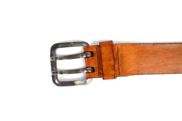 fragment of brown leather belt isolated on white background