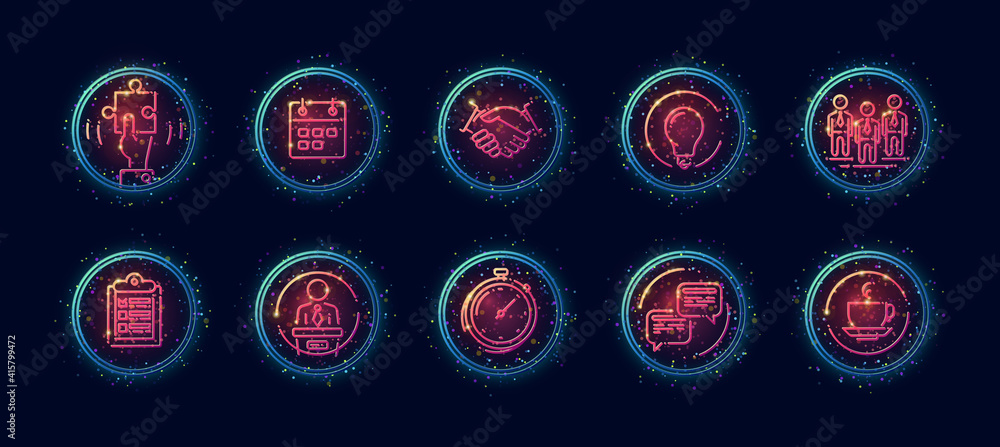 Poster 10 in 1 vector icons set related to conference theme. lineart vector icons in geometric neon glow st