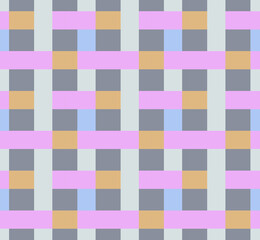 Basic squares checked repeat pattern with weaving bands, pale pink and orange colors, geometric vector illustration