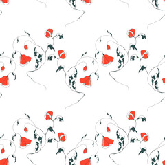 floral seamless pattern of poppies and leaves