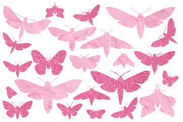 Moth pink glitter and furry silhouettes. Basis graphics set on white background