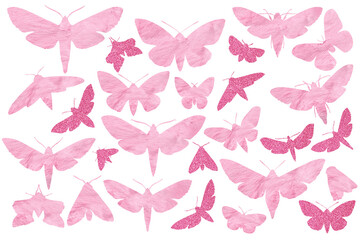 Moth pink glitter and furry silhouettes. Basis graphics on white background