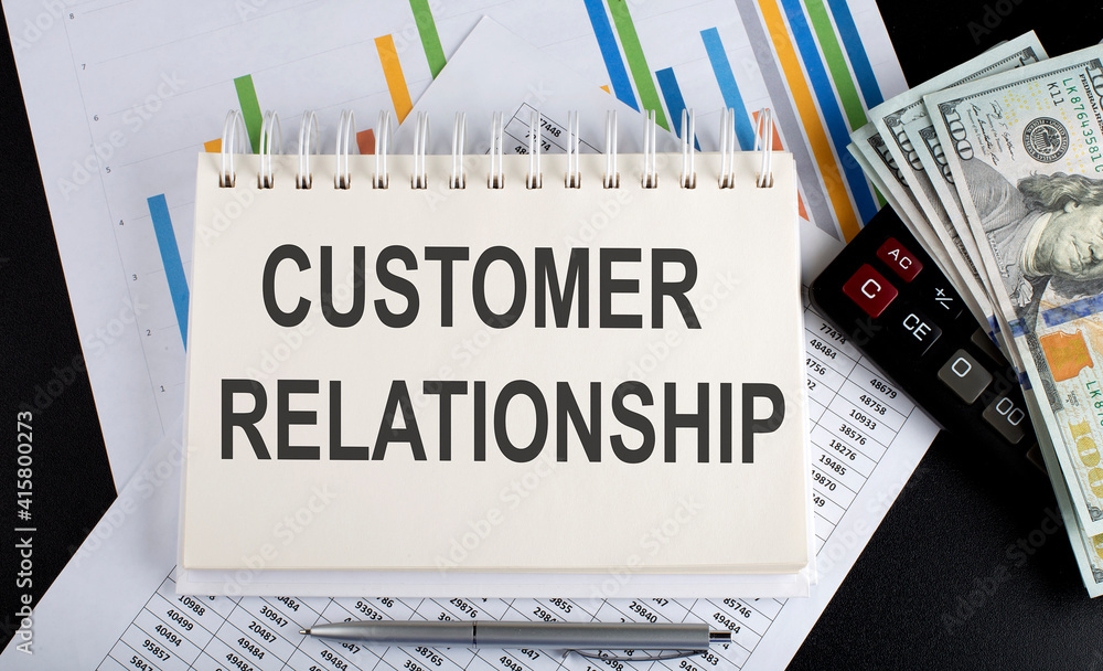 Poster notebook with toolls and notes about customer relationship,concept