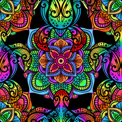 Sea turtle in psychedelic multicolor colors with lotuses and mandala in the style of boho - seamless pattern
