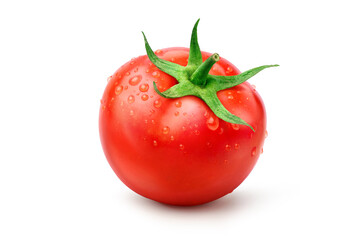 Fresh tomato with water droplets isolated on white background. Clipping path - obrazy, fototapety, plakaty