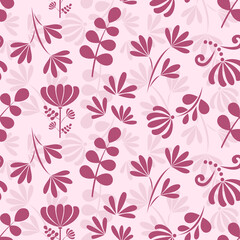 Fototapeta na wymiar Seamless pattern with flowers on a pink background. Pattern with silhouettes of flowers. Decorative three-color pattern with abstract flowers.