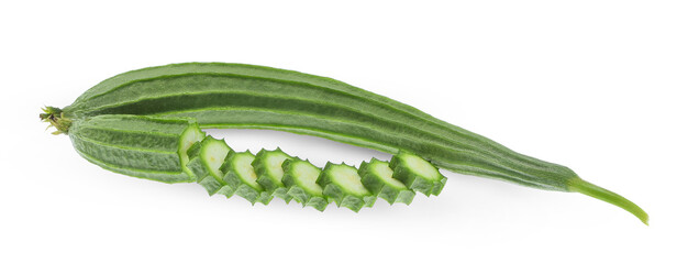 whole and slices of  luffa acutangula,angled loofah  isolated on white background