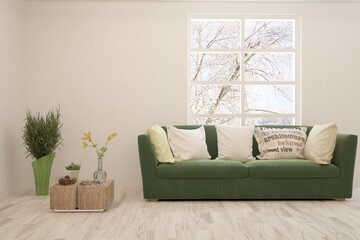 White living room with sofa and winter landscape in window. Scandinavian interior design. 3D illustration