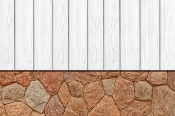 White wood slat fence and brown stone  block pattern and background seamless