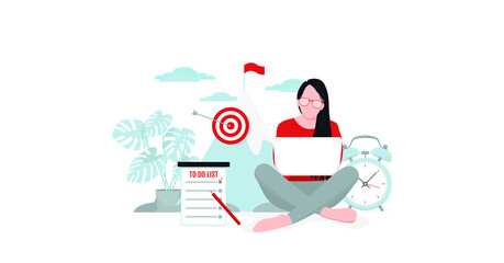 Self-discipline, climbing to the top, studying, and time management concepts. Woman with a laptop. Vector illustration, eps 10