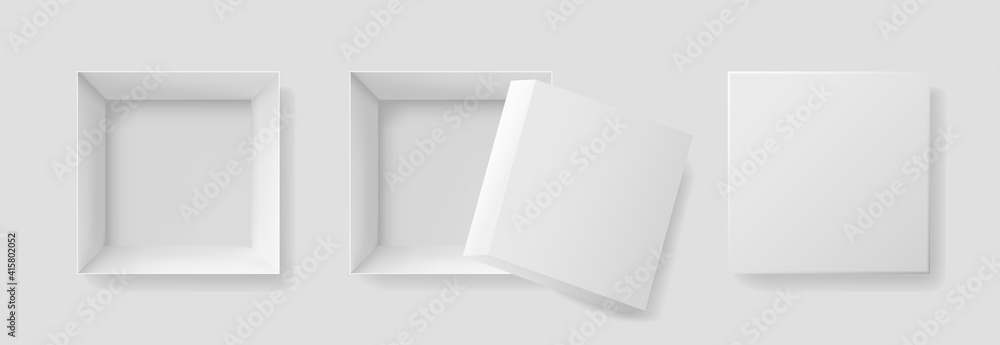Poster open box with top view. mockup of white box for gift, shoebox, christmas and pizza. square paper pac