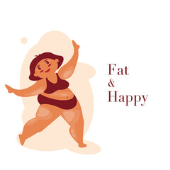 Vector isolate flat designCharacter of happy overweight woman dressed in sportswear. Chubby girl cartoon wearing sportswear .Fat young woman standing,smiling. Plus Size Girl Doing Yoga and sample text