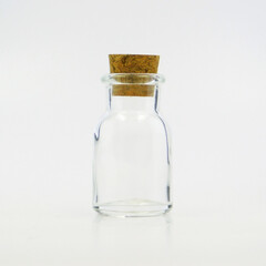 mini glass bottle with cork cap, transparent, sparkly and brilliant, for food, liquids, sauces, grain, condiments, seeds, preserves and candys, also for decoration