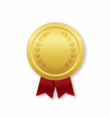 Gold medal with red ribbon. Award for winner. prize of champion. Golden medal for first place in competition. Badge of trophy, honor and victory. Icon of medal on white background. Vector