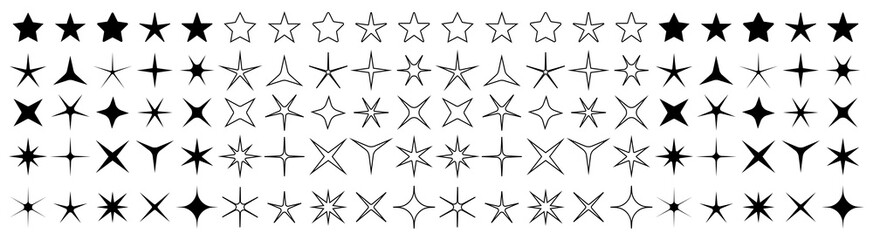 Fototapeta premium Icons of sparkle stars. Set of twinkle stars for holiday and christmas. Shiny graphic symbol for feedback or decorative. Black silhouette shapes of magic logos. Bright stars. Vector