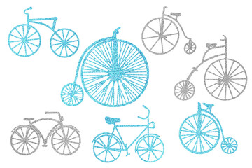 Fototapeta na wymiar Vintage bicycles set. Glitter clip art on white background